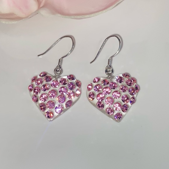 Women’s heart shape transparent acrylic earrings embellished with pink crystals - Picture 4 of 12